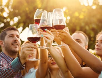 a group of friends toasting glasses of red wine